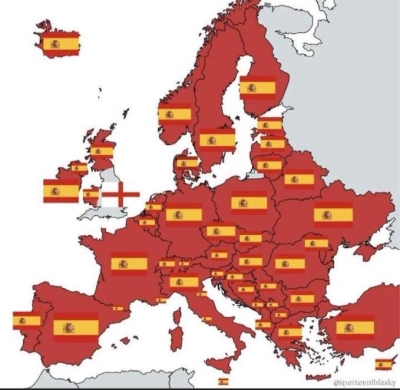 Map of countries in Europe supporting Spain 🇪🇸 or England 🏴󠁧󠁢󠁥󠁮󠁧󠁿